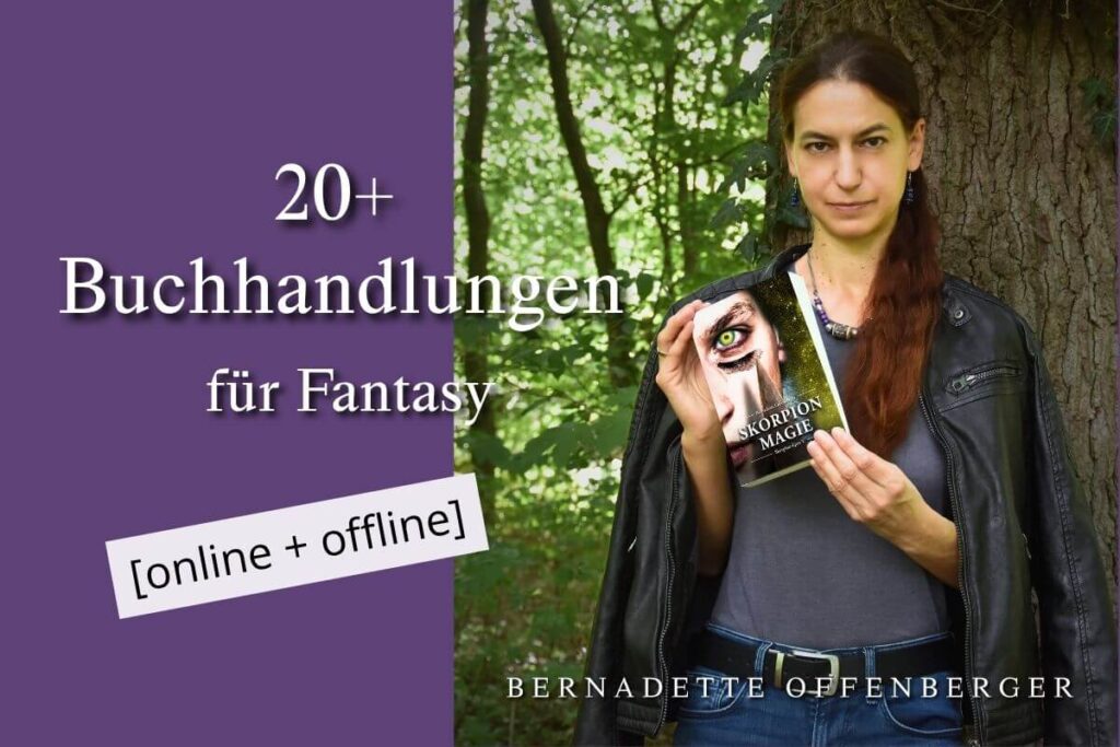 Autorin mit Fantasy-Buch im Wald als Synonym für Buchhandlungen für Fantasybücher online und offline.