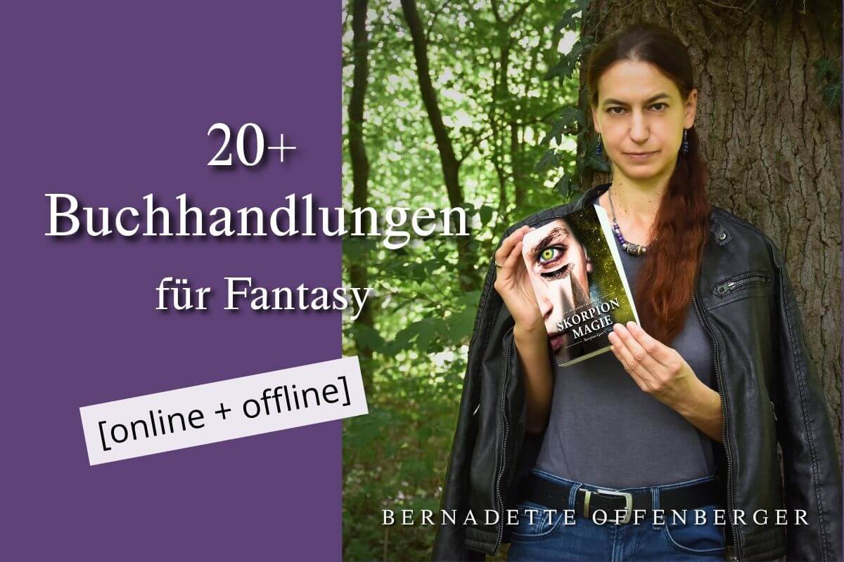Autorin mit Fantasy-Buch im Wald als Synonym für Buchhandlungen für Fantasybücher online und offline.