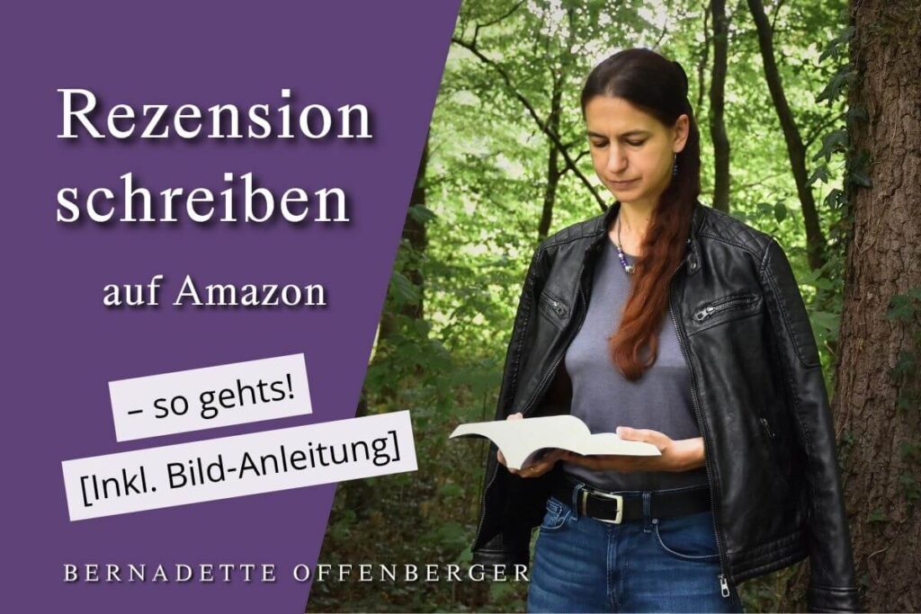 Rezension schreiben auf Amazon: Leserin liest im Wald ein Fantasy-Buch.