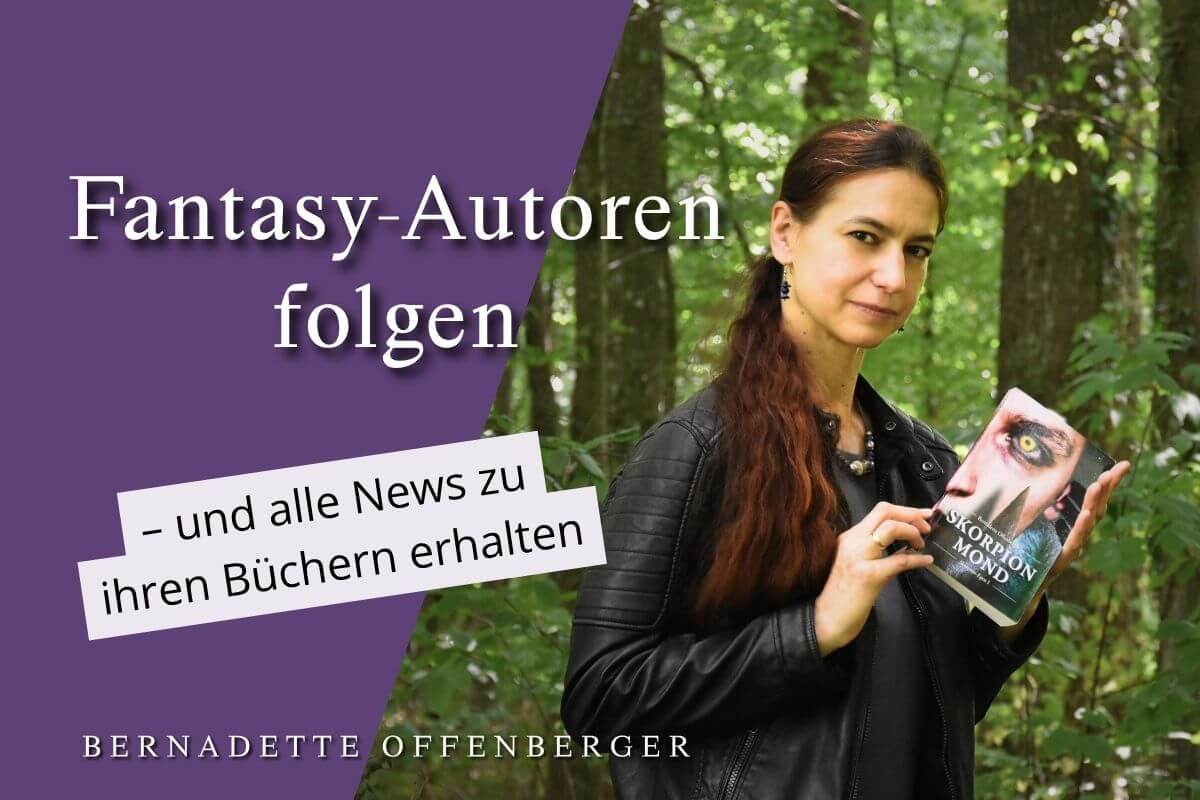 Fantasy-Autorin mit Buch im Wald.