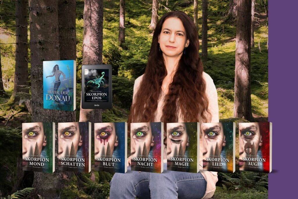 Autorin mit Büchern in einer ihrer Fantasywelten