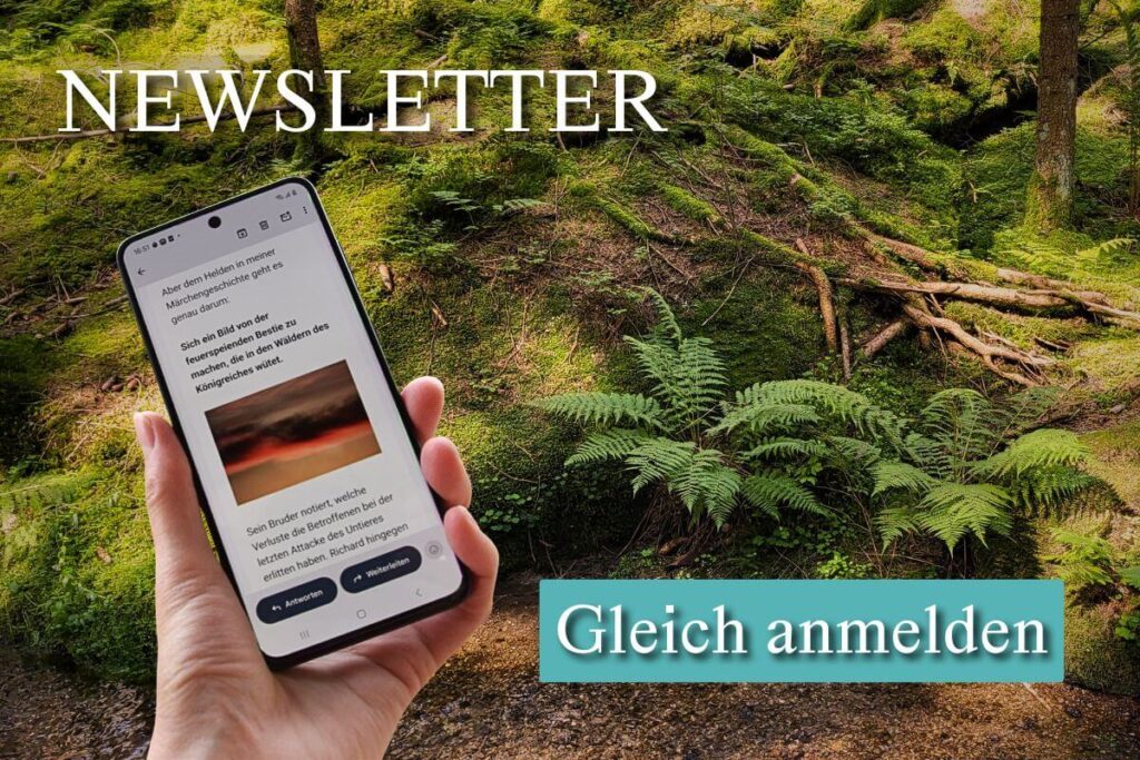 Ein Fantasywelten-Newsletter auf dem Handy  vor Wald-Hintergrund