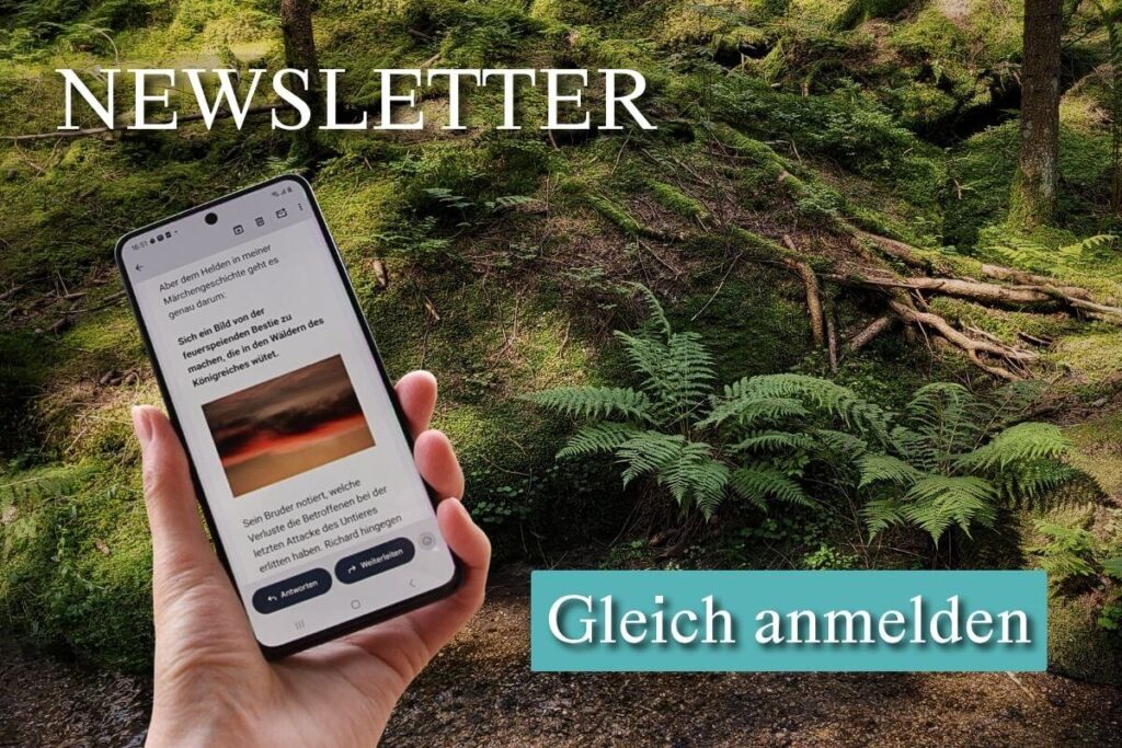 Ein Newsletter über Fantasywelten auf dem Handy vor Wald-Hintergrund.