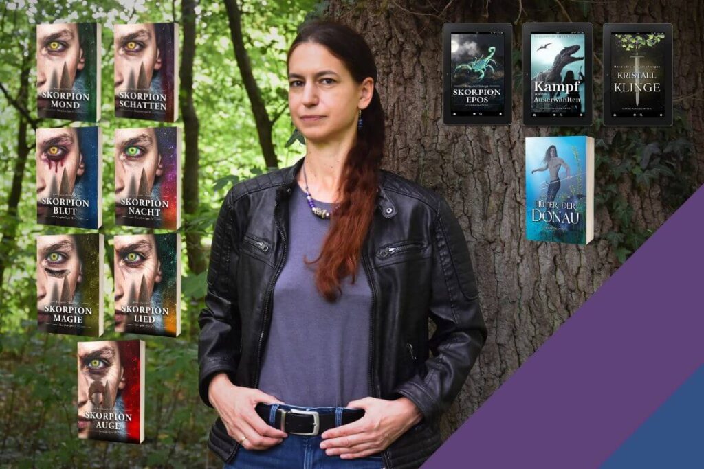 Autorin mit Büchern in einer ihrer Fantasywelten
